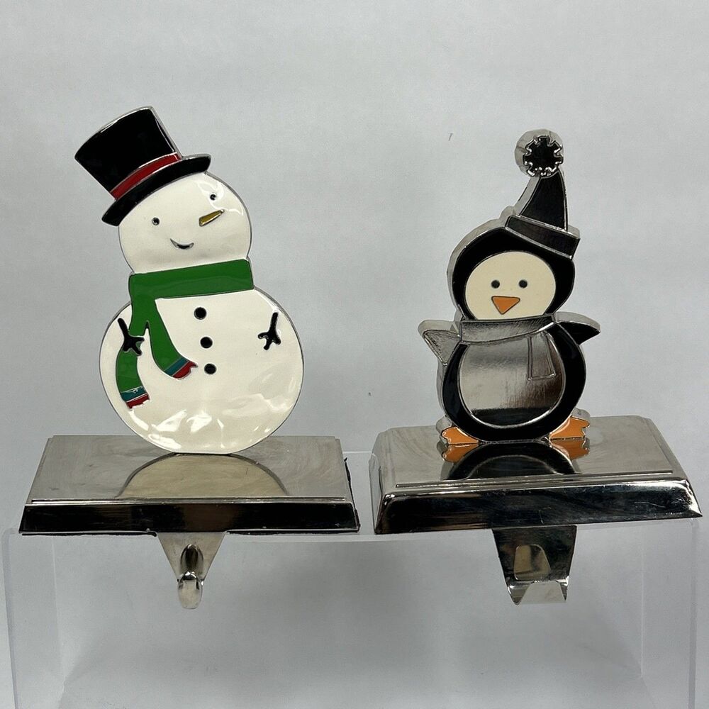 Christmas Stocking Holder Snowman & Penguin Silver Enamel Metal